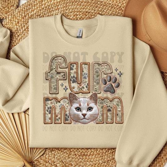 FUR MOM - WHITE CAT - FAUX EMBROIDERY - DTF TRANSFER