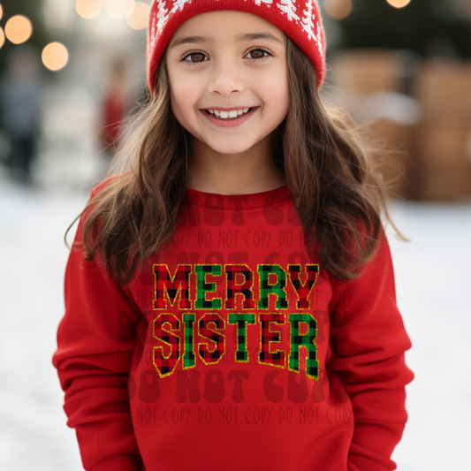 MERRY SISTER BUFFALO PLAID GOLD FAUX SEQUIN OUTLINE - DTF TRANSFER