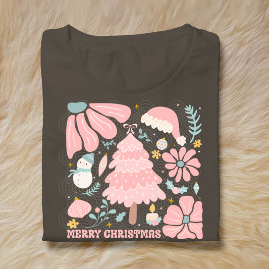 MERRY CHRISTMAS PINK FLORAL - DTF TRANSFER