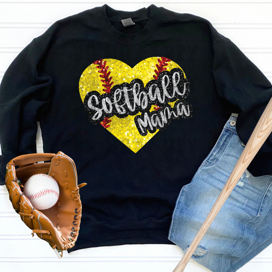 SOFTBALL MAMA HEART FAUX GLITTER - DTF TRANSFER