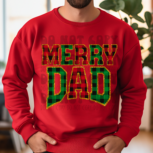 MERRY DAD BUFFALO PLAID GOLD FAUX SEQUIN OUTLINE - DTF TRANSFER
