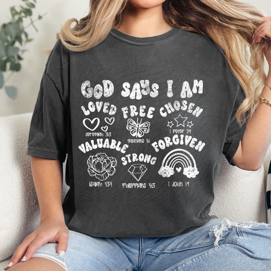GOD SAYS I AM WHT DISTRESSED - DTF TRANSFER