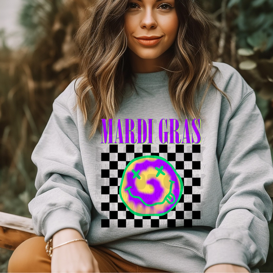 MARDI GRAS CHECKERED W/ TIE DYE SMILEY - DTF TRANSFER