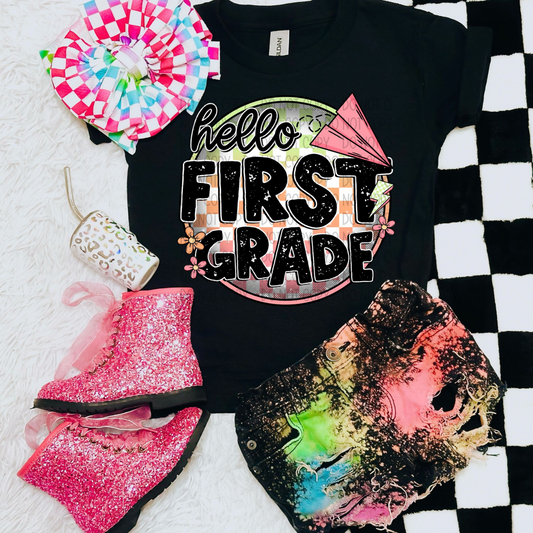 HELLO FIRST GRADE - GREEN/PINK - DTF TRANSFER