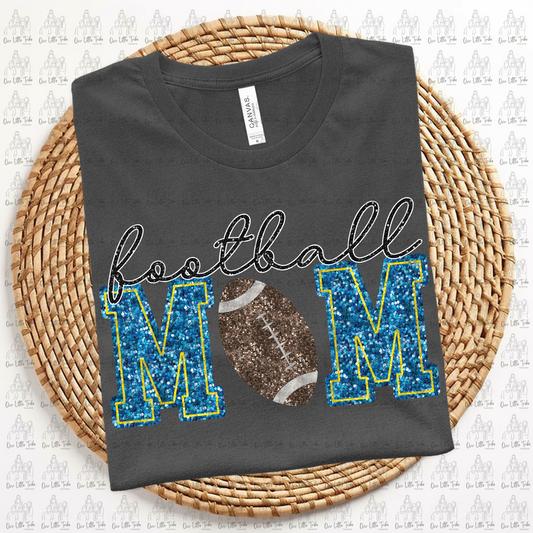FOOTBALL MOM - BLUE W/ YELLOW DARKER BALL -  FAUX SEQUINS - DTF TRANSFER