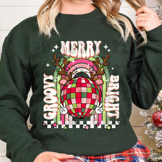 GROOVY MERRY BRIGHT - WHITE WITH RAINBOW - DTF TRANSFER