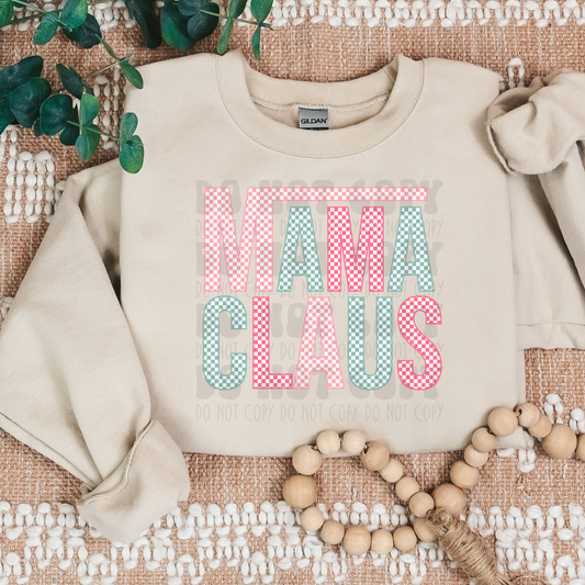 MAMA CLAUS PINK/GREEN CHECKERED W/WHITE - DTF TRANSFER