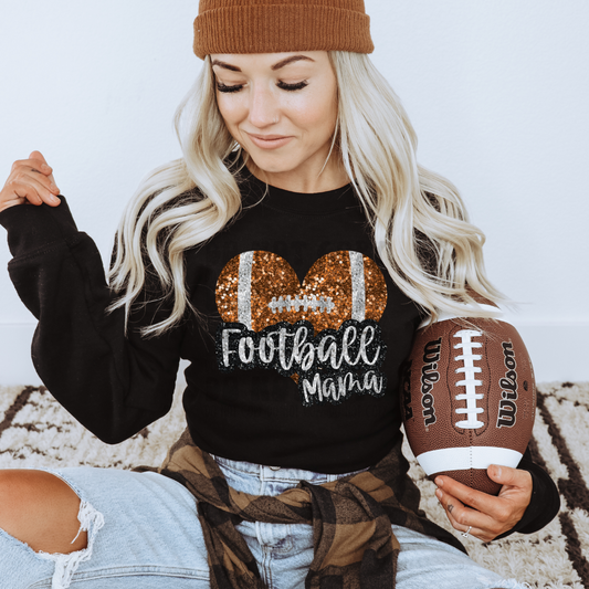 FOOTBALL MAMA HEART FAUX GLITTER - DTF TRANSFER