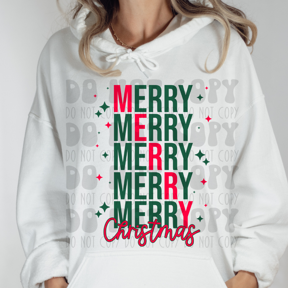 MERRY CHRISTMAS STACKED RED/GREEN STARS - DTF TRANSFER