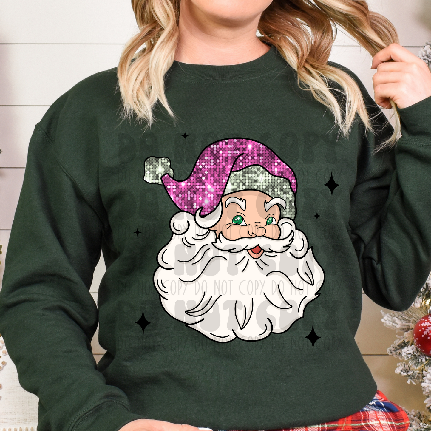 PINK HAT SANTA WITH BLK STARS - FAUX SEQUINS - DTF TRANSFER