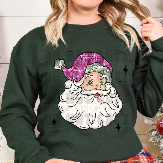 PINK HAT SANTA WITH BLK STARS - FAUX SEQUINS - DTF TRANSFER
