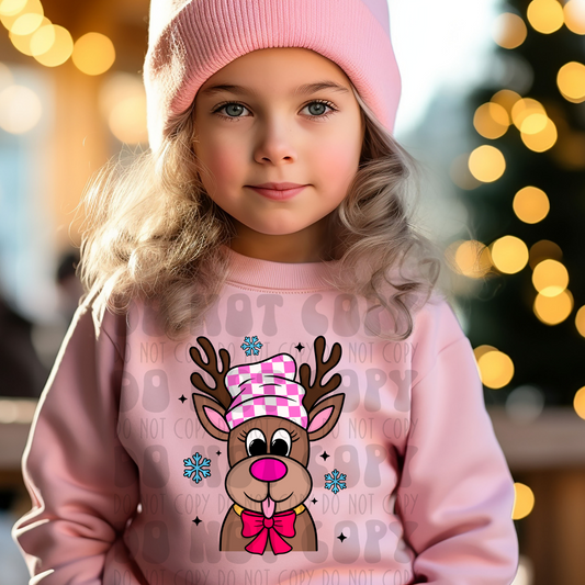 REINDEER W/ PINK CHECKERED HAT - DTF TRANSFER