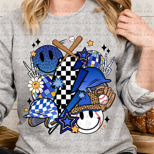 BLUE BASEBALL BOLT COLLAGE - NO DISTRESS - DTF TRANSFER