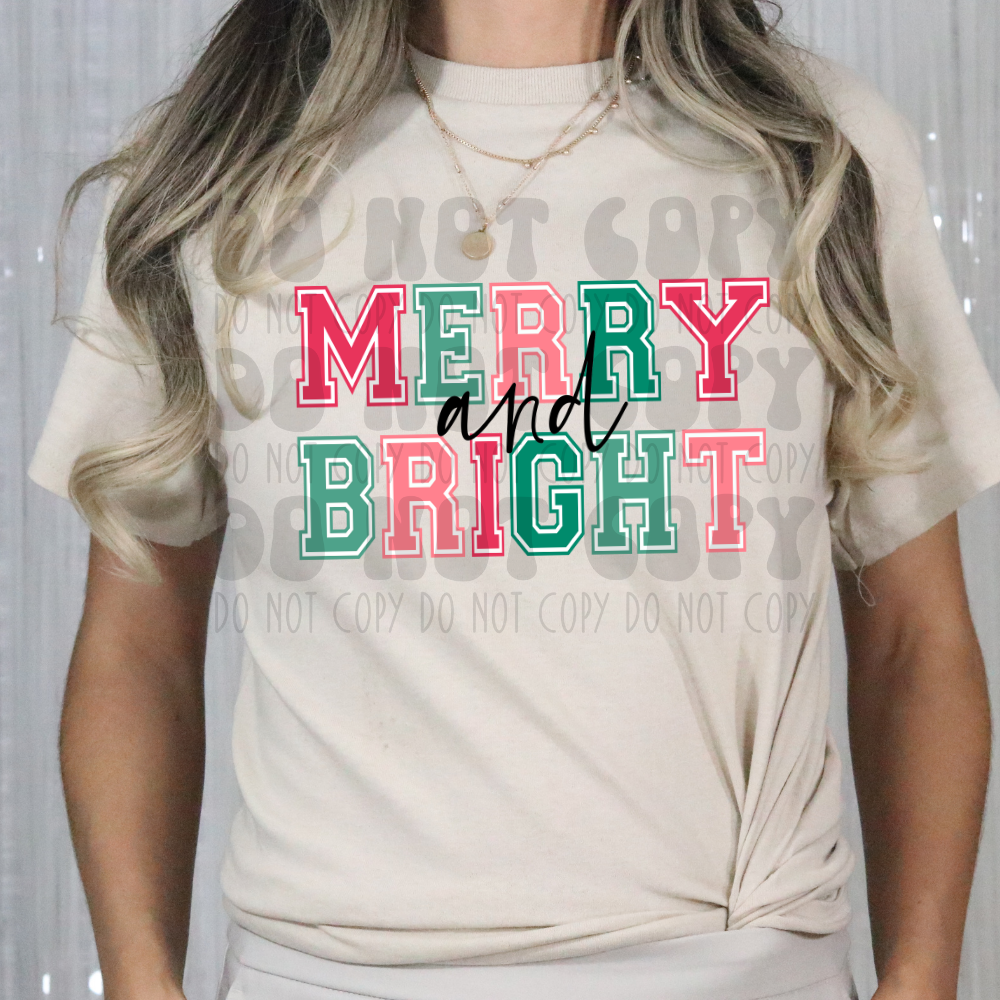 MERRY AND BRIGHT VARSITY RED/GREEN/PINK - DTF TRANSFER