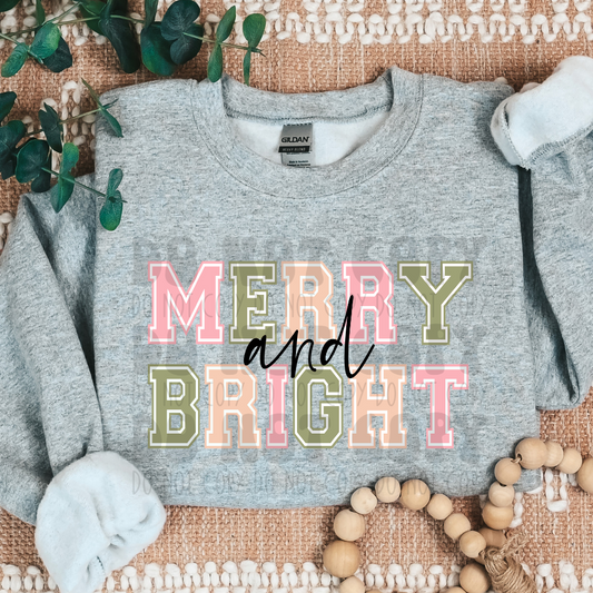 MERRY AND BRIGHT VARSITY GREEN/PINK - DTF TRANSFER