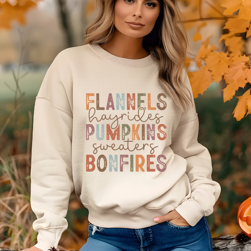 FLANNELS HAYRIDES PUMKINS STACKED WORDS - DTF TRANSFER