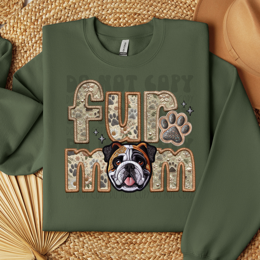 FUR MOM, BULLDOG, TRIBLEND - FAUX EMBROIDERY - DTF TRANSFER