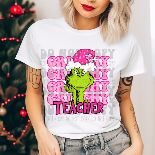 GRINCHY STACKED GREEN GUY TEACHER - PINK - DTF TRANSFER
