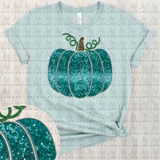 TEAL PUMPKIN - FAUX EMBROIDERY & FAUX SEQUINS  - DTF TRANSFER