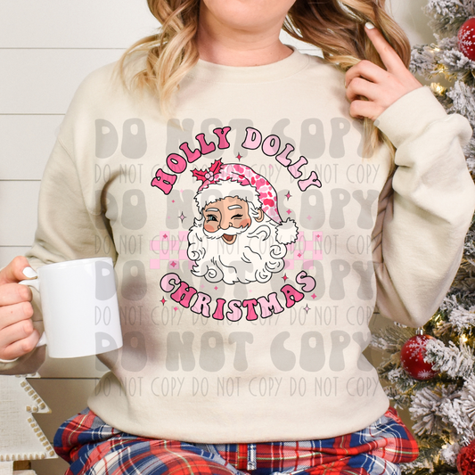 HOLLY DOLLY CHRISTMAS PINK SANTA - PINK BACKGROUND - DTF TRANSFER
