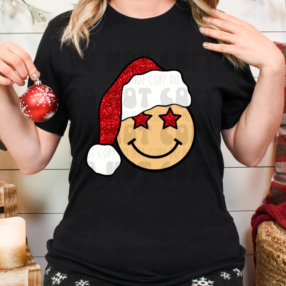 STAR SMILEY W/ SANTA HAT - FAUX GLITTER - DTF TRANSFER