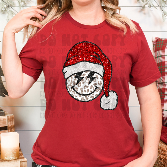 BOLT LEOPARD SMILEY W/ SANTA HAT - FAUX GLITTER/SEQUINS - DTF TRANSFER
