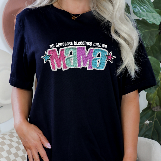 MAMA GREATEST BLESSINGS WHT OUTLINE FAUX EMBROIDERY - DTF TRANSFER