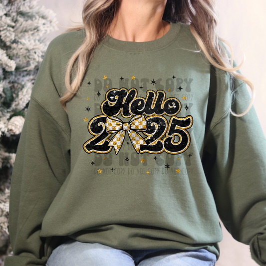 HELLO 2025 BLK/GOLD WITH BOW AND STARS - DTF TRANSFER