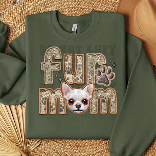 FUR MOM, CHIHUAHUA, WHT - FAUX EMBROIDERY - DTF TRANSFER