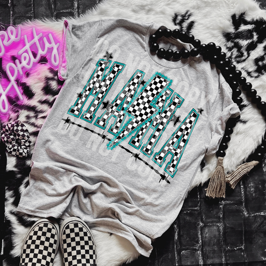 MAMA TURQUOISE BLK CHECKERED - DTF TRANSFER