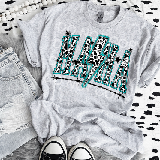 MAMA TURQUOISE COW PRINT - DTF TRANSFER