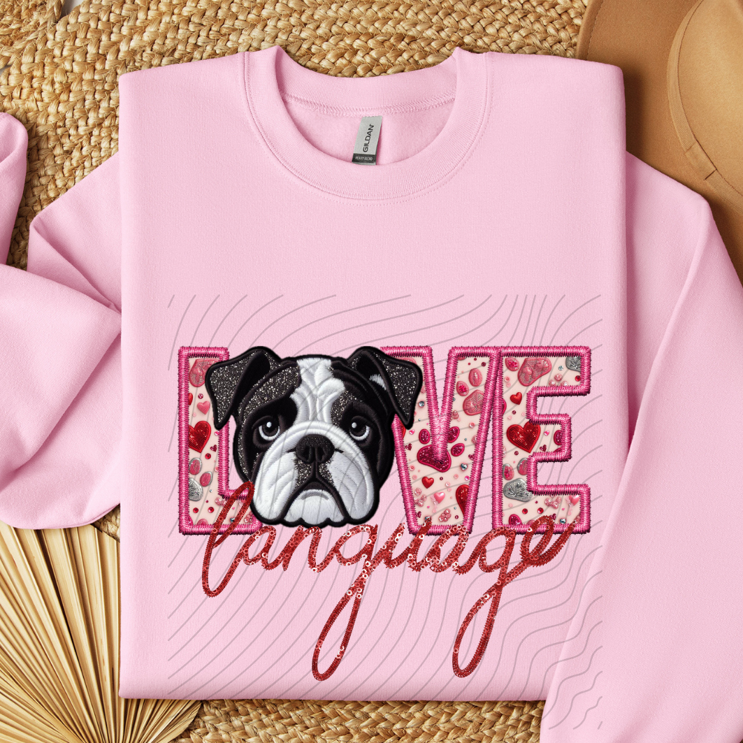 ENGLISH BULLDOG - BLK&WHT, FAUX EMBROIDERY & FAUX SEQUINS - DTF TRANSFER