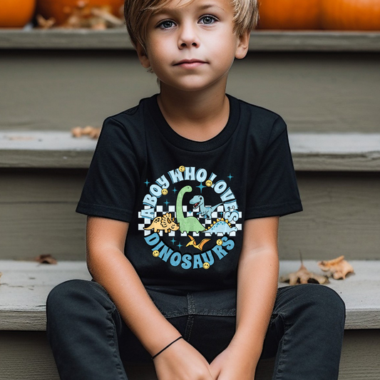 A BOY WHO LOVES DINOSAURS CIRCLE LIGHT CHECKERED - DTF TRANSFER