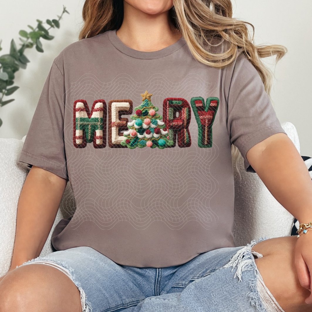 FAUX EMBROIDERY MERRY WITH TREE - DTF TRANSFER