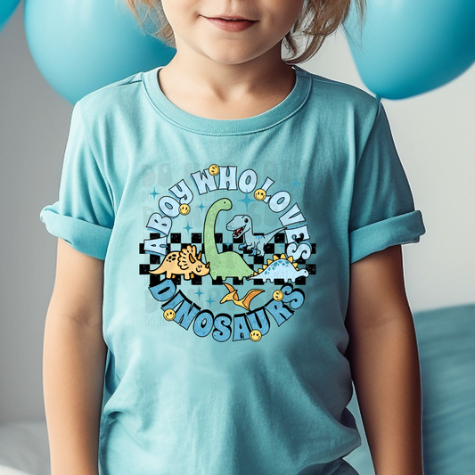 A BOY WHO LOVES DINOSAURS CIRCLE BLK CHECKERED - DTF TRANSFER