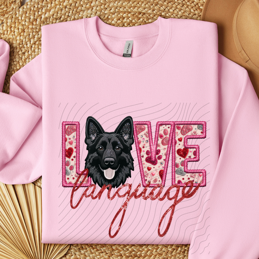GERMAN SHEPHERD - BLK, FAUX EMBROIDERY & FAUX SEQUINS - DTF TRANSFER