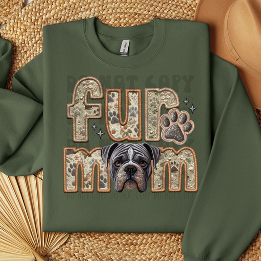 FUR MOM, AMERICAN BULLDOG, GREY - FAUX EMBROIDERY - DTF TRANSFER