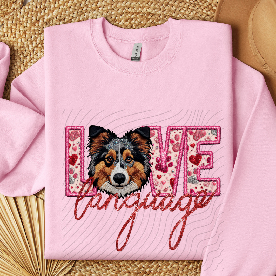 AUSSIE SHEPHERD, FAUX EMBROIDERY & FAUX SEQUINS - DTF TRANSFER