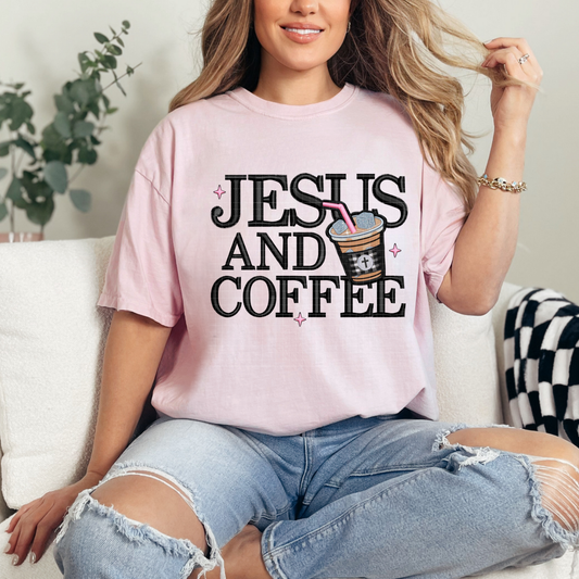 JESUS AND COFFEE FAUX EMBROIDERY - DTF TRANSFER