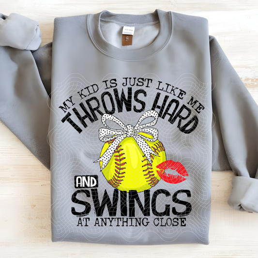 THROWS HARD AND SWINGS BLK TEXT SOFTBALL - DTF TRANSFER