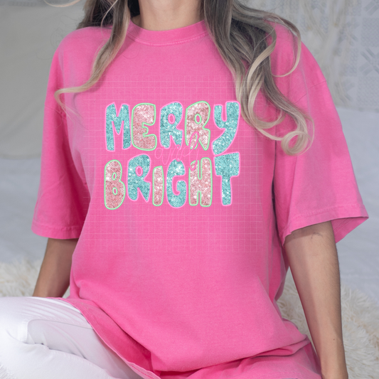 MERRY AND BRIGHT FAUX SEQUINS BLUE/PINK - DTF TRANSFER