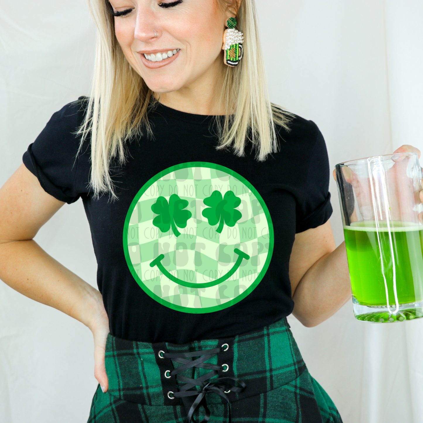CHECKERED CLOVER EYE SMILEY ALL GREEN - DTF TRANSFER