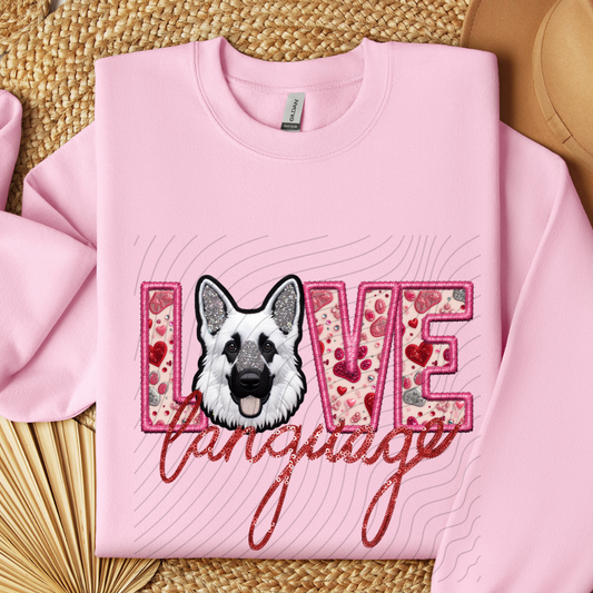 GERMAN SHEPHERD - WHITE, FAUX EMBROIDERY & FAUX SEQUINS - DTF TRANSFER
