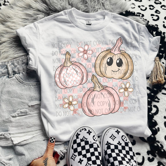 LIGHT PINK CHECKERED BACKGROUND PUMPKINS - DTF TRANSFER