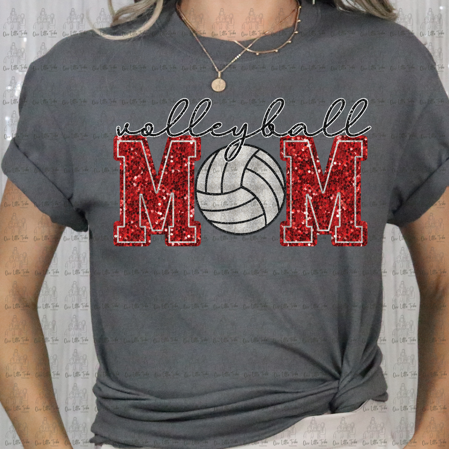 VOLLEYBALL MOM - RED -  FAUX SEQUINS - DTF TRANSFER