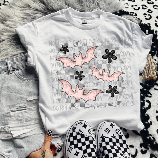 PINK BATS CHECKERED BACKGROUND - DTF TRANSFER