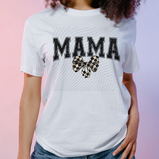 MAMA BLK DISTRESSED CHECKERED BOW - DTF TRANSFER