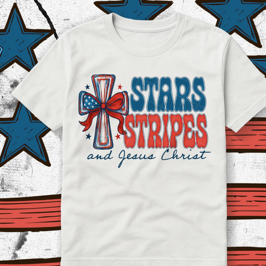 STARS STRIPES JESUS CHRIST BLUE TEXT - DTF TRANSFER