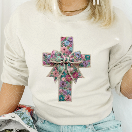 FAUX EMBROIDERY FLORAL CROSS - DTF TRANSFER