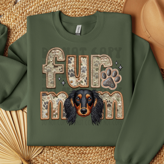 FUR MOM, DASCHUND, LONG HAIR BLK&BRN - FAUX EMBROIDERY - DTF TRANSFER